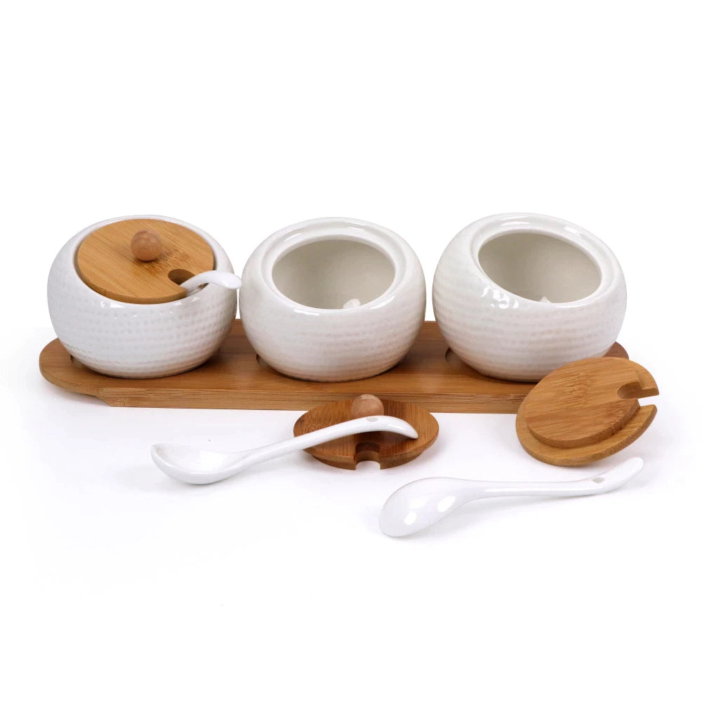 Ceramic Condiment Jar Spice Set with Bamboo Lid